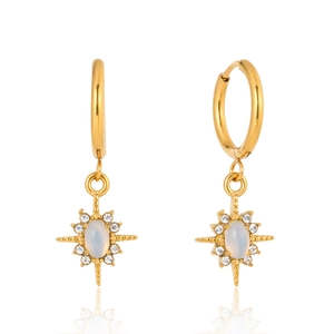Stainless Steel Starburst Opal Rhinestone Hoop Pendant Earrings Gold Vintage Style Hypoallergenic Waterproof Women Jewelry