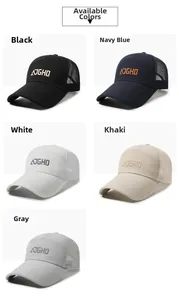 Close-up of mesh baseball caps in multiple colors featuring AJGHO letter embroidery