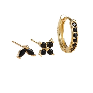 S925 silver needle gold ear ring set with black zircon stones on a white background