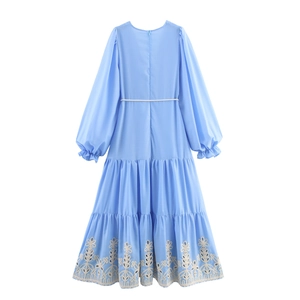 Women's light blue long sleeve maxi dress with embroidery and white waist belt