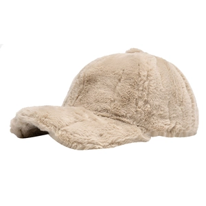 Plush faux rabbit fur baseball cap in beige, warm winter sun hat for outdoor wear