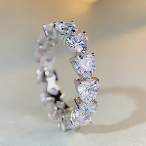 Sparkling S925 sterling silver eternity ring with heart-shaped cubic zirconia stones
