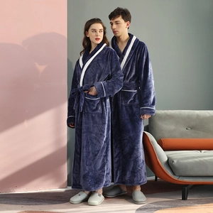Thick navy blue flannel couple bathrobes with contrast trim and waist tie detail