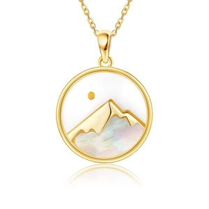 Golden stainless steel necklace featuring a mountain sunset pendant with mother of pearl