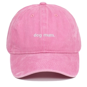 Pink washed cotton baseball cap with white dog mum embroidery in a retro vintage style