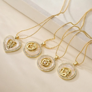 Mother Child Pendant Necklace Gold Plated Copper With Zircon And Mother Of Artificial Pearl Shell Heart Geometric Jewelry Gift Mom