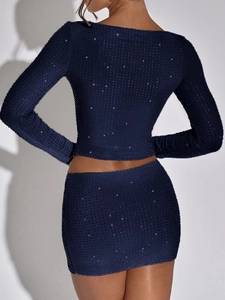 Rear view detail of dark blue Y2K two-piece set with shimmering rhinestone embellishments