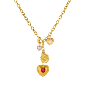 Gold sunflower and red heart gemstone pendant necklace with crystal tassel fringe detail