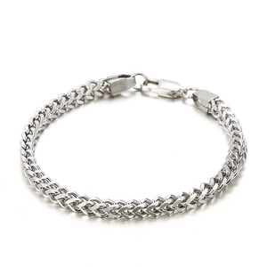 Bracelet pour homme en acier inoxydable argenté poli avec maille épi et fermoir mousqueton