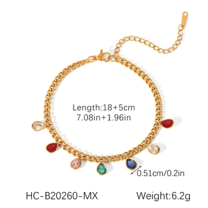 Classic gold Cuban chain bracelet with colorful teardrop zircon charms and extender