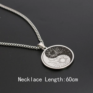 Collier en acier inoxydable avec pendentif Yin Yang, gravure soleil et lune, chaîne 60cm