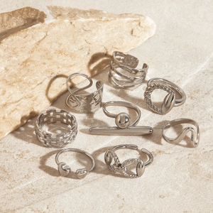 Detailed view of silver stainless steel ring set with textured geometric wave patterns