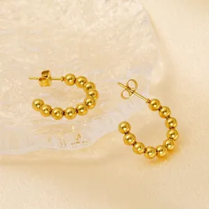French vintage style 18K gold plated stainless steel beaded C-shaped hoop earrings