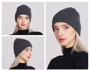 Three-angle view of a dark grey knit beanie showing detailed texture and classic fit