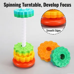 Rainbow spinning tower stacking toy for early childhood development with colorful gears