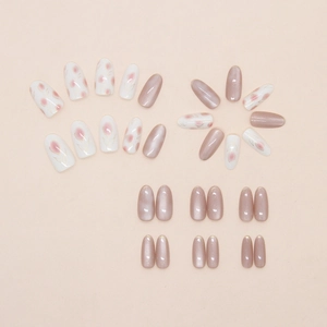 Brown cat-eye and tulip design press on nails with pink pearlescent finish
