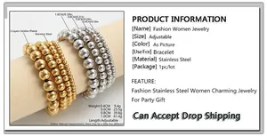 Size chart for gold stainless steel bead bracelets with bead sizes and weight details