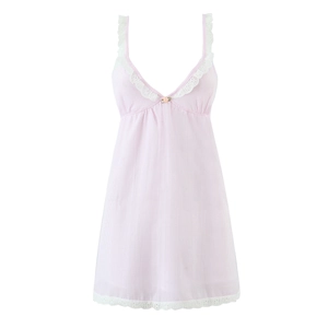 Women Striped Camisole Dress Pink White Seersucker V Neck Lace Trim Back Tie Sweet Summer Bodycon Mini Dress