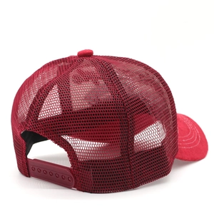 Burgundy mesh trucker cap with adjustable snapback closure and soft visor finish