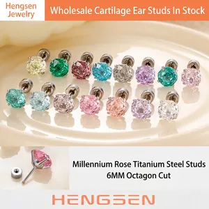 Millennium Rose Cut Zircon Octagon Cartilage Stud Earrings Titanium Steel Screw Back Flat Back Anti Allergy Trendy Elegant