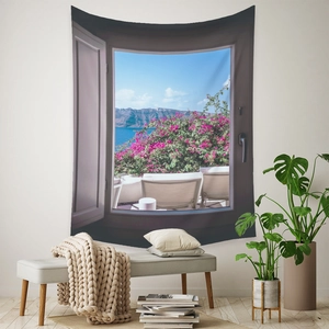 Bohemian tapestry featuring a Mediterranean sea window view with vibrant bougainvillea flowers