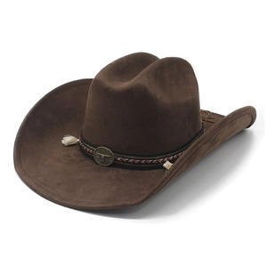 Vintage Western Cowboy Hat Suede Felt Wide Brim Bull Head Buckle Braided Band Tassels Jazz Fedora For Men Women