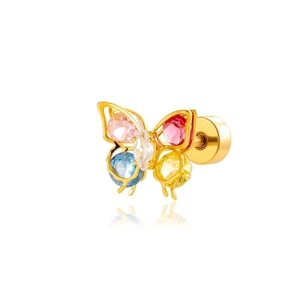 Golden butterfly stud earring with colorful zircon stones and screw back on white background
