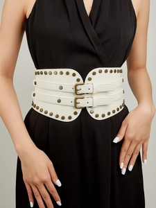 Close-up of white leather corset belt featuring bronze rivets and double metal buckles