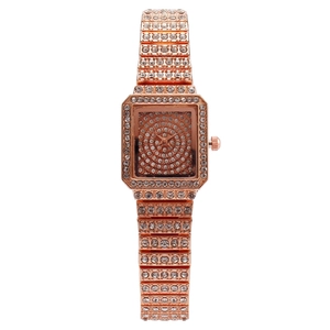 Fashionable rose gold square watch for women with full diamond pavé crystal bracelet