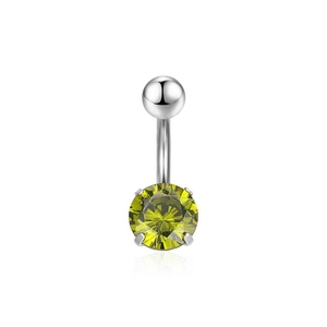 Detailed macro of silver stainless steel belly ring with olive green round zircon stone