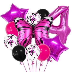 Detail of butterfly party set with rose red number 4 balloon and black latex balloons