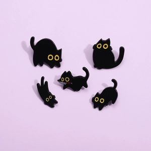 Set de 5 pines de esmalte de gato negro de dibujos animados con ojos amarillos para ropa
