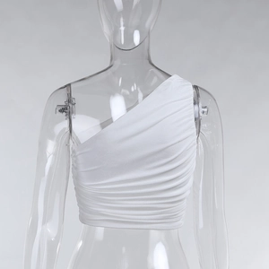 White one-shoulder ruched crop top for women, elegant slim fit sleeveless summer shirt.