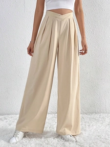 Women's beige high waist wide leg trousers with pleated crossover waist design and vertical texture