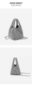 Silver rhinestone bucket bag detail showing front and side view with metal chain strap