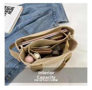 Detail view of large capacity canvas tote interior with functional multi-pocket compartments