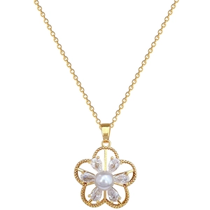 Elegant gold clover necklace set with pearls and zircons on a white background