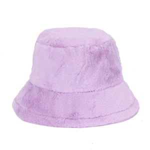 Detail shot of the light purple plush bucket hat showing soft faux fur fiber texture