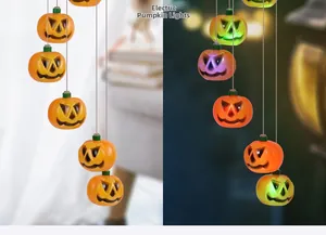 Solar Halloween pumpkin wind chime lights showing daytime look and night LED glow effect