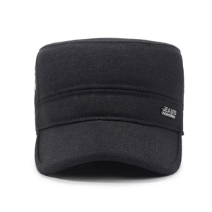 Men's winter thick wool flat top military cap with ear protection and metal tag