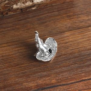 Detailed close-up of a silver witch hat brooch with a black gem on dark wood