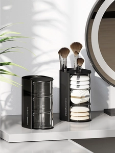 Modern 3-tier rotating makeup puff organizer with clear acrylic drawers and brush slots
