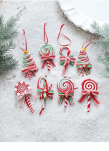 Detailed set of Christmas candy ornaments with red, white and green swirl patterns