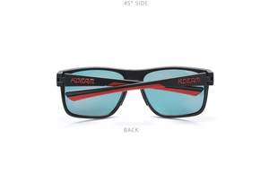 Rear view of sports polarized sunglasses with black frames and red-black temples