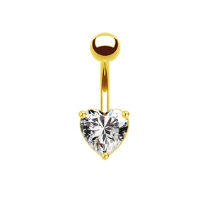 Macro shot of gold eyebrow ring featuring a clear heart-shaped cubic zirconia stone