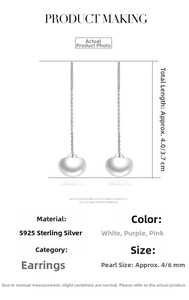 Detail specifications of S925 silver pearl drop earrings showing dimensions and material
