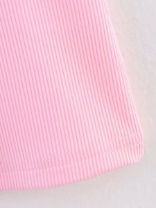 Close-up of pink ribbed knit fabric showing detailed stitching and soft texture