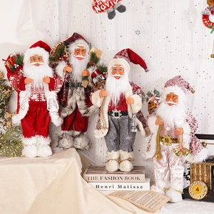 Standing Santa Claus dolls in diverse outfits with festive accessories for Christmas decor