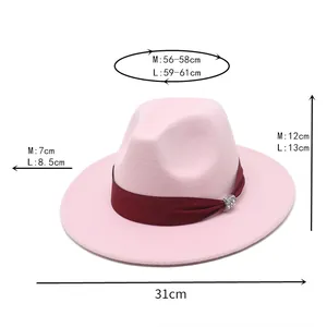 Detailed size chart for pink wool fedora hat with brim and height measurements in cm