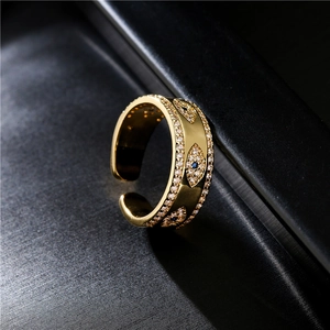 18K gold-plated adjustable open ring featuring evil eye charms and blue zircon stones